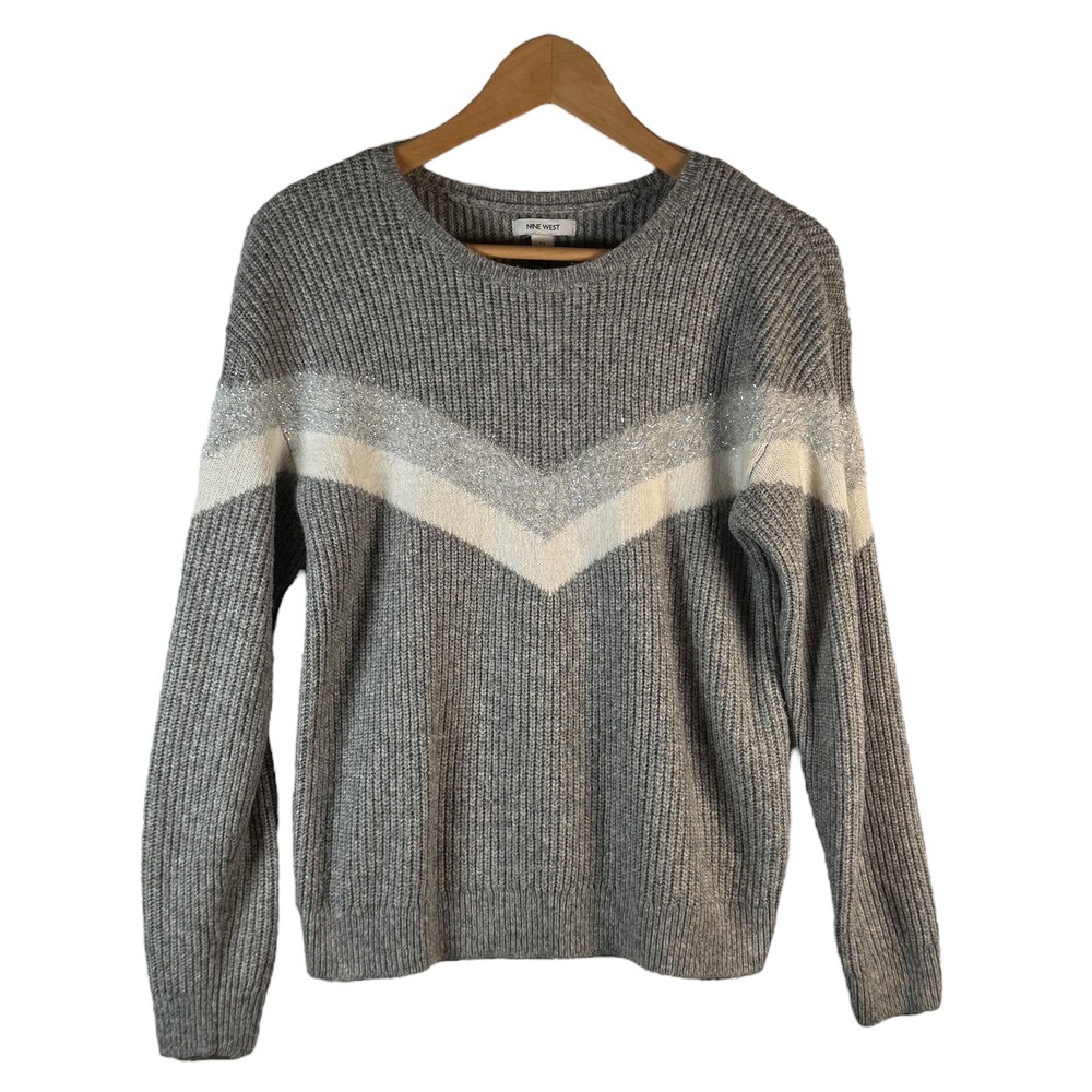 NINE WEST Women's Medium‎ Gray Chevron Sparkle Knit Sweater Cozy